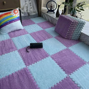 Soft plush EVA foam puzzle mat for children with pastel purple and light blue interlocking tiles, 30 cm each.
