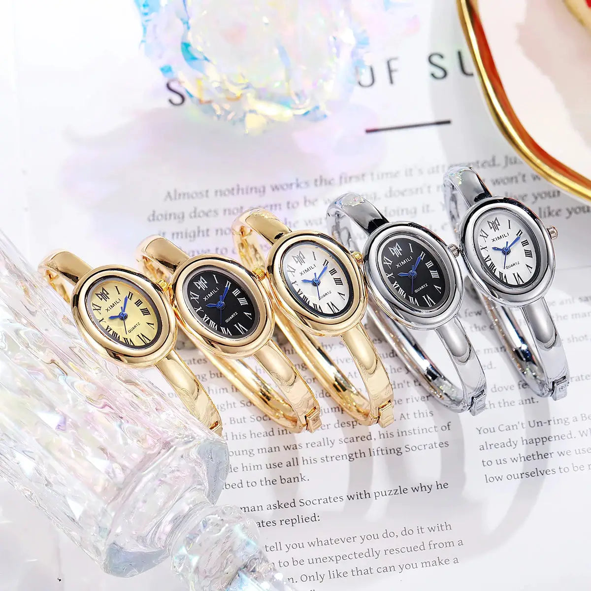 5-piece set of women's luxury quartz watches in gold-tone and silver-tone stainless steel with Roman numeral dials