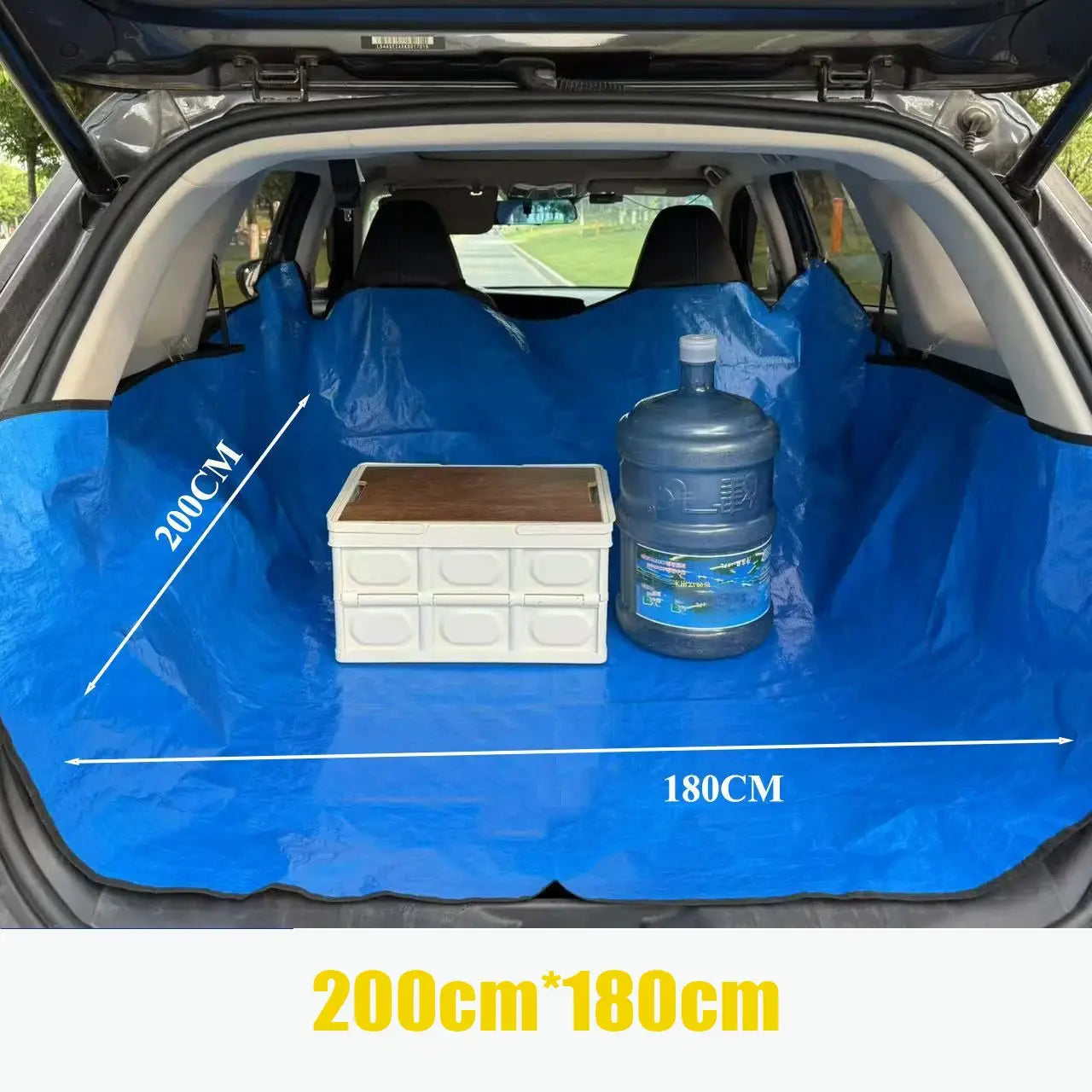 Simples Market trunk mat, blue waterproof liner 200cm by 180cm, shown with a white storage box.