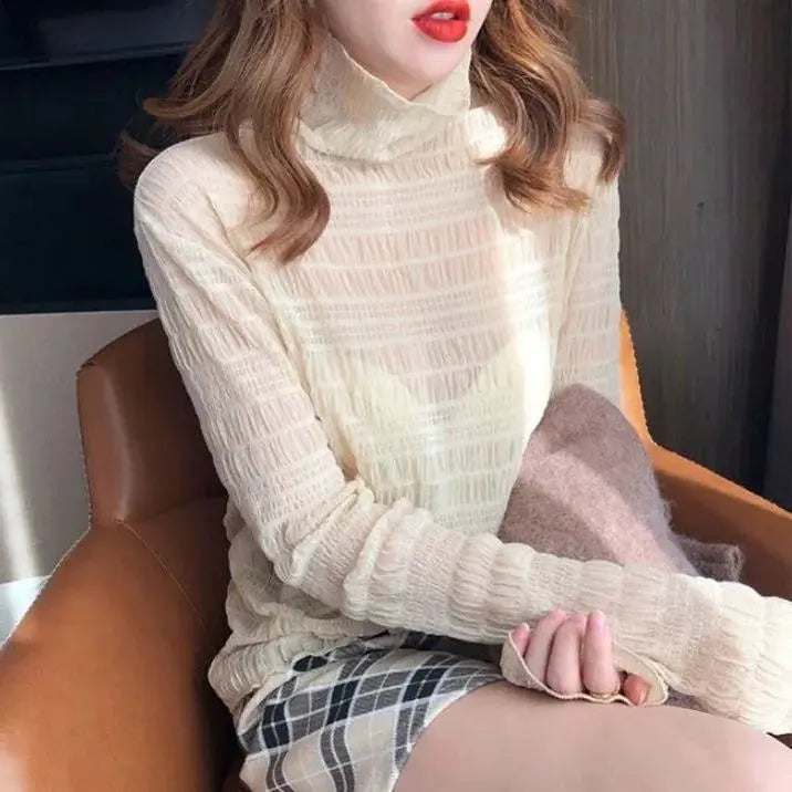 Simples Market women's mesh turtleneck blouse, beige sheer long-sleeve see-through top