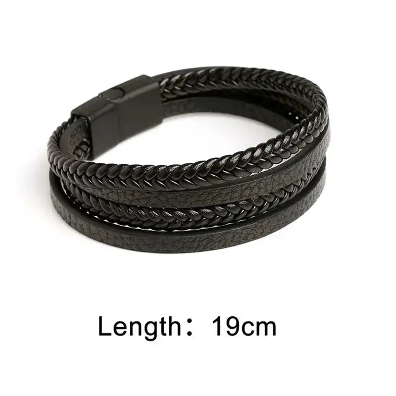 Mens black leather bracelet with stainless steel clasp and multilayer braided rope design, 19cm length.