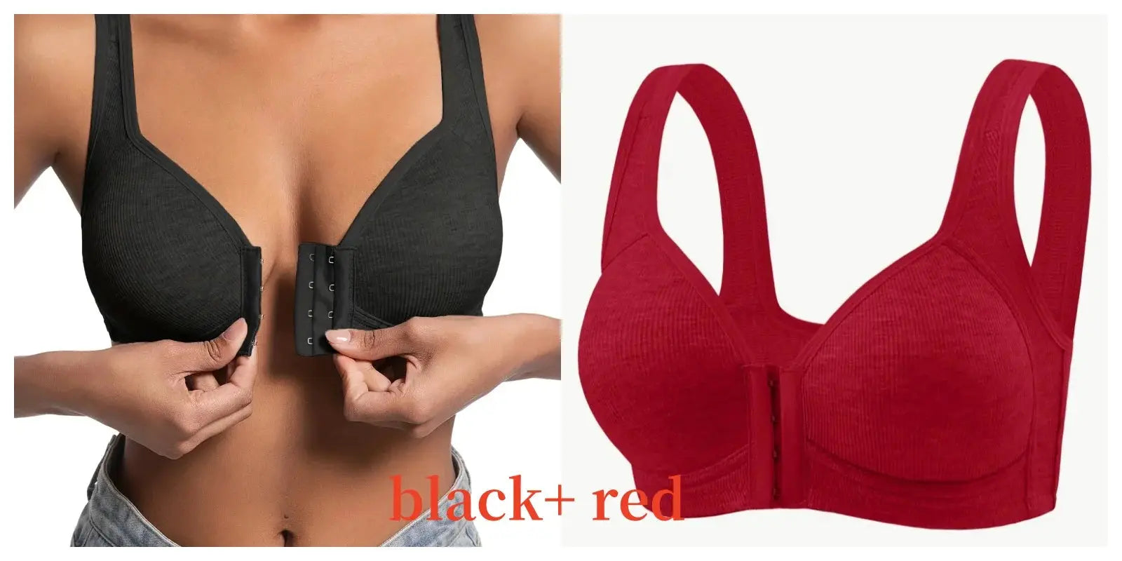 Women's Simples Market wire-free front-closure bra, full-coverage, solid black and red two-color set