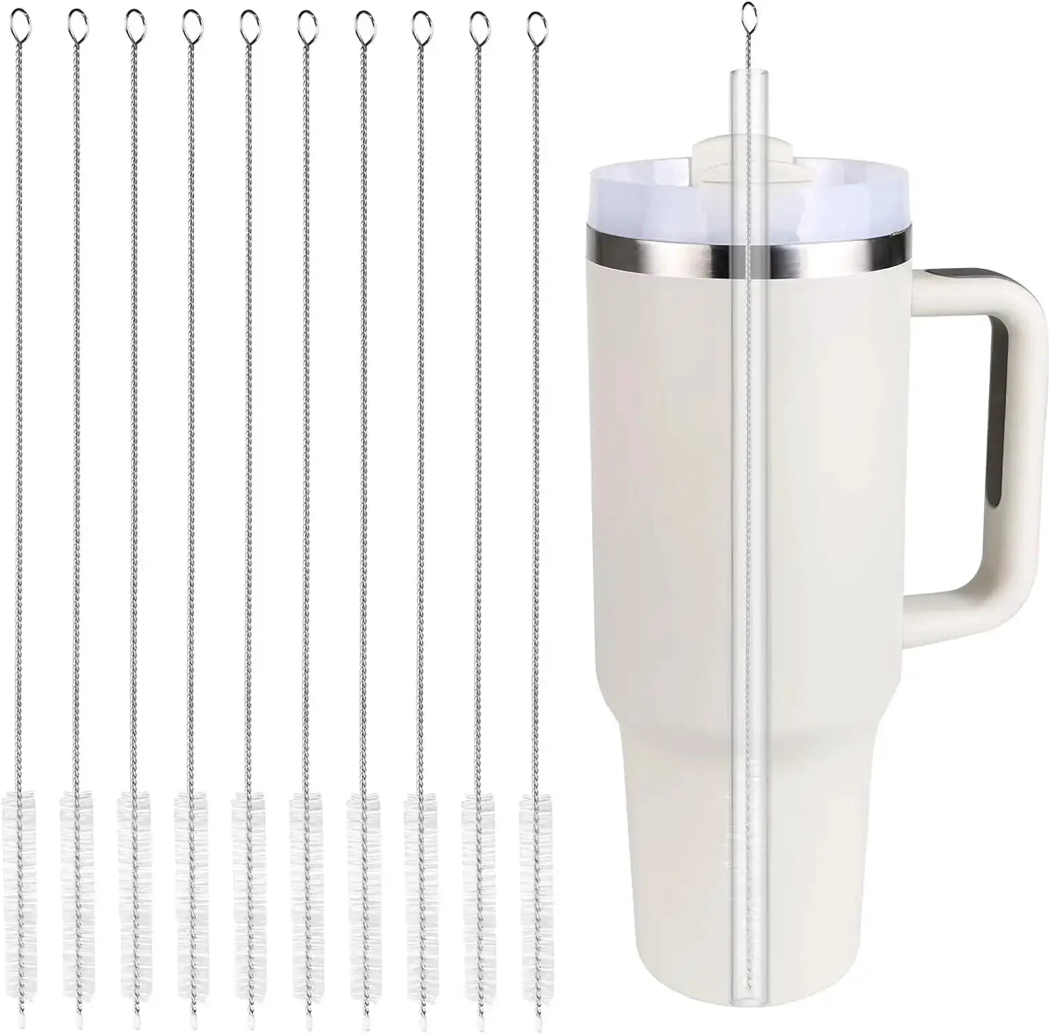 Drinking straw cleaning brush kit by Simples Market; long stainless steel brushes with nylon bristles.