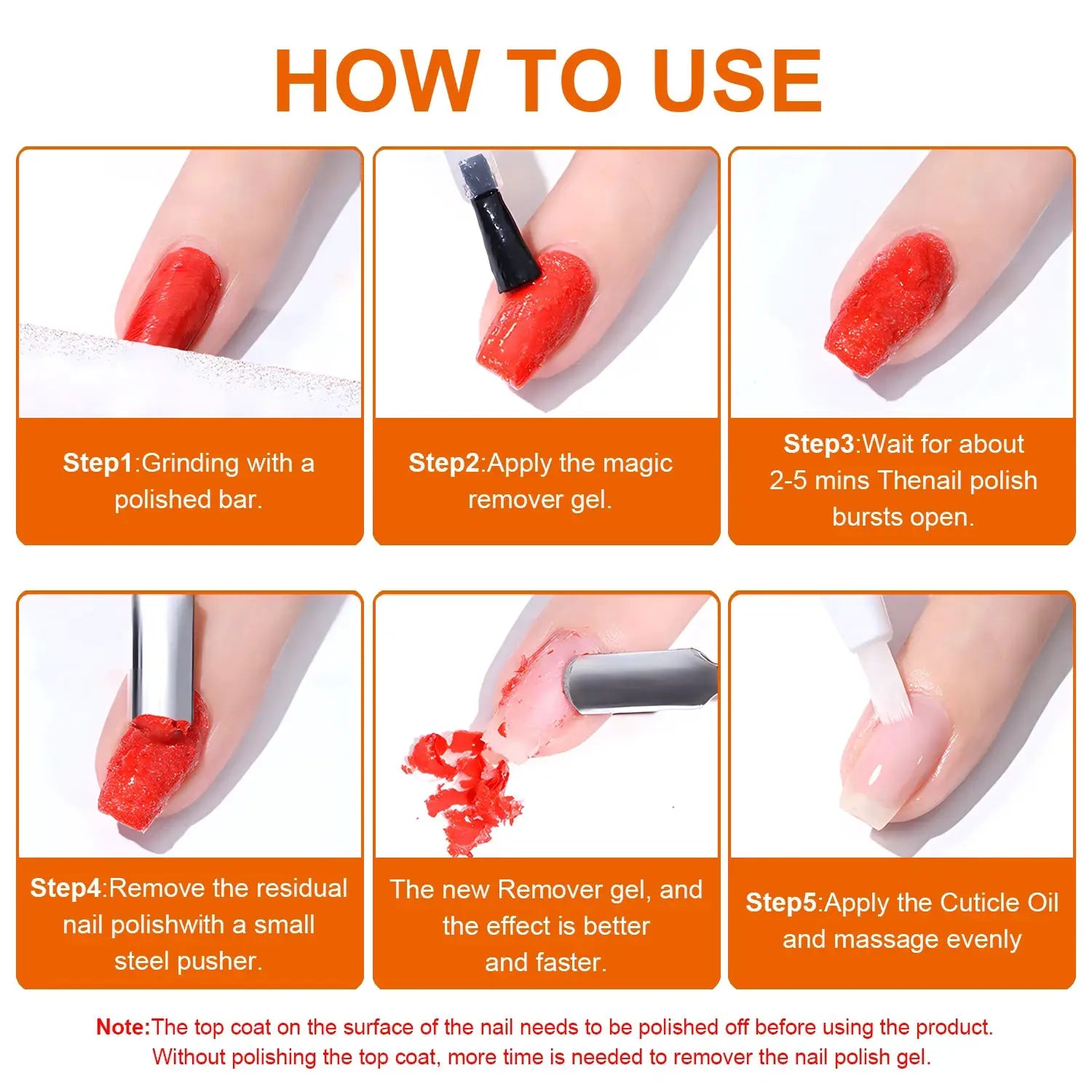 TWOING Nail Gel Polish Remover infographic by Simples Market showing orange step-by-step usage instructions.