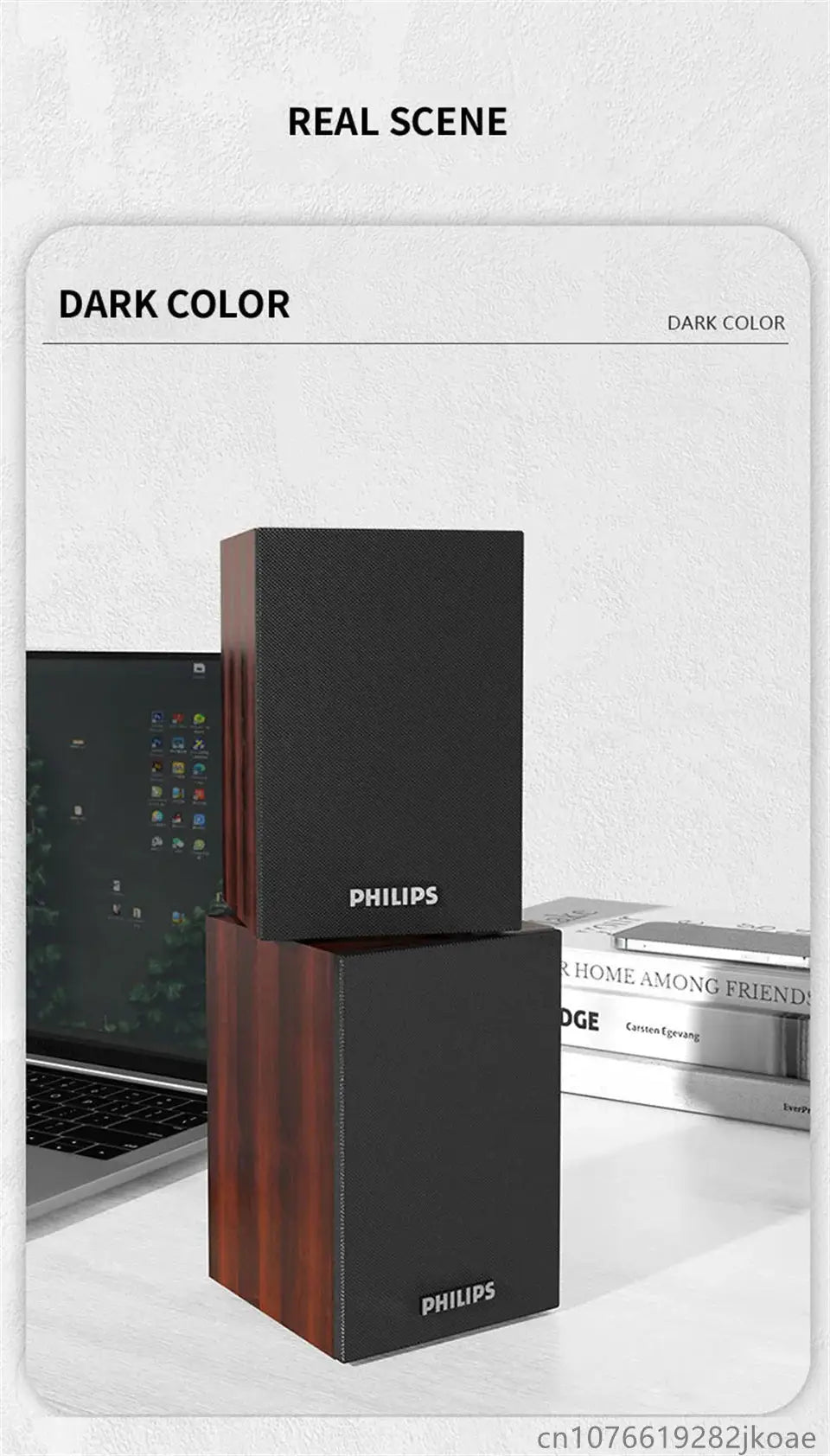 Philips SPA20 Bluetooth speaker pair with wood side panels; two black Philips speakers.