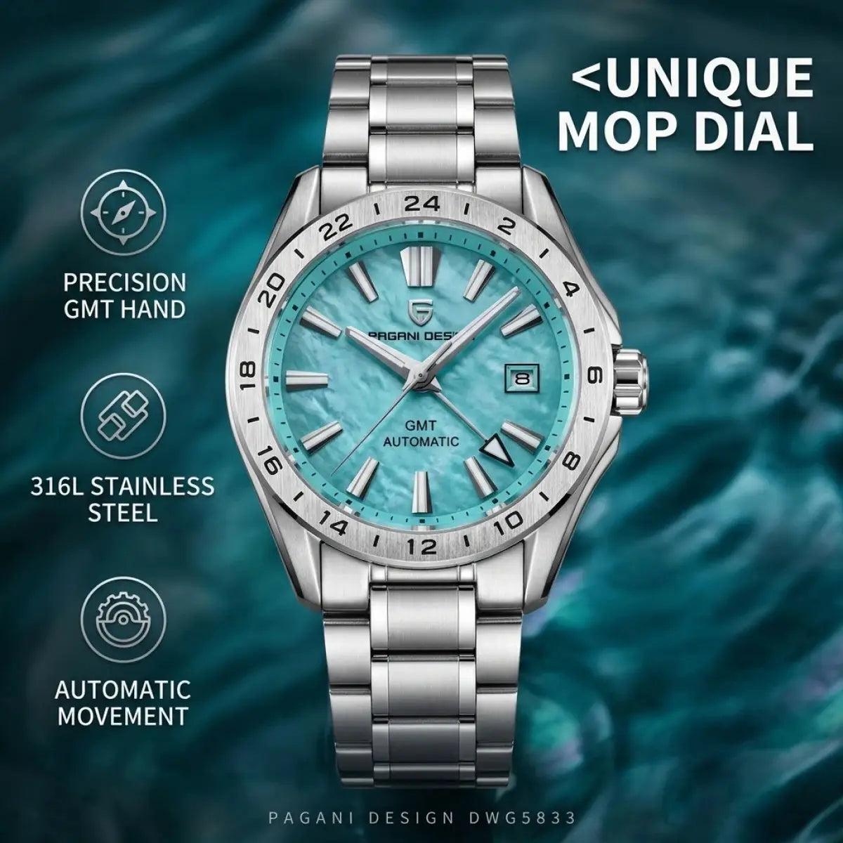 Pagani Design GMT stainless steel men's automatic watch with turquoise MOP dial and sapphire glass, 100m waterproof