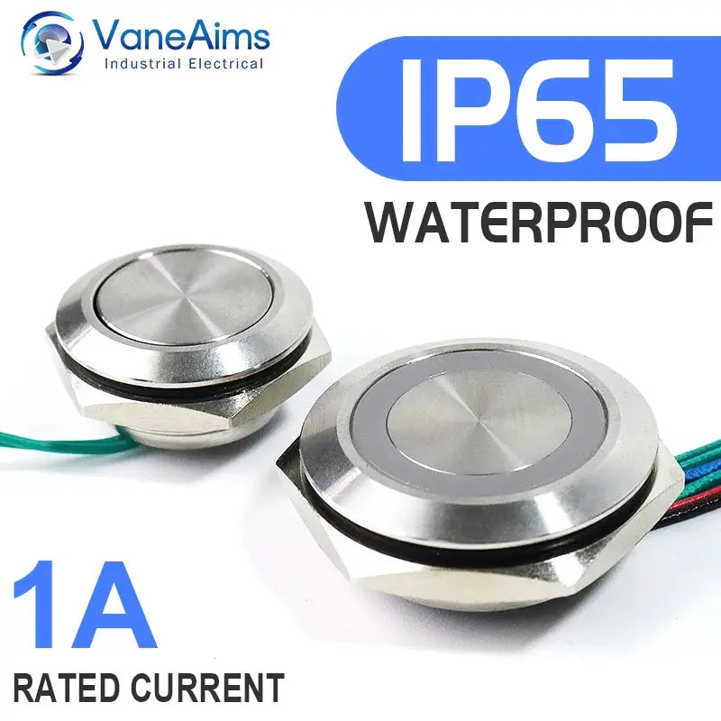 Ultra-short LED push button switches by Simples Market, two units, metal body, IP65 waterproof, 19/22/25/30mm, wired, 1A