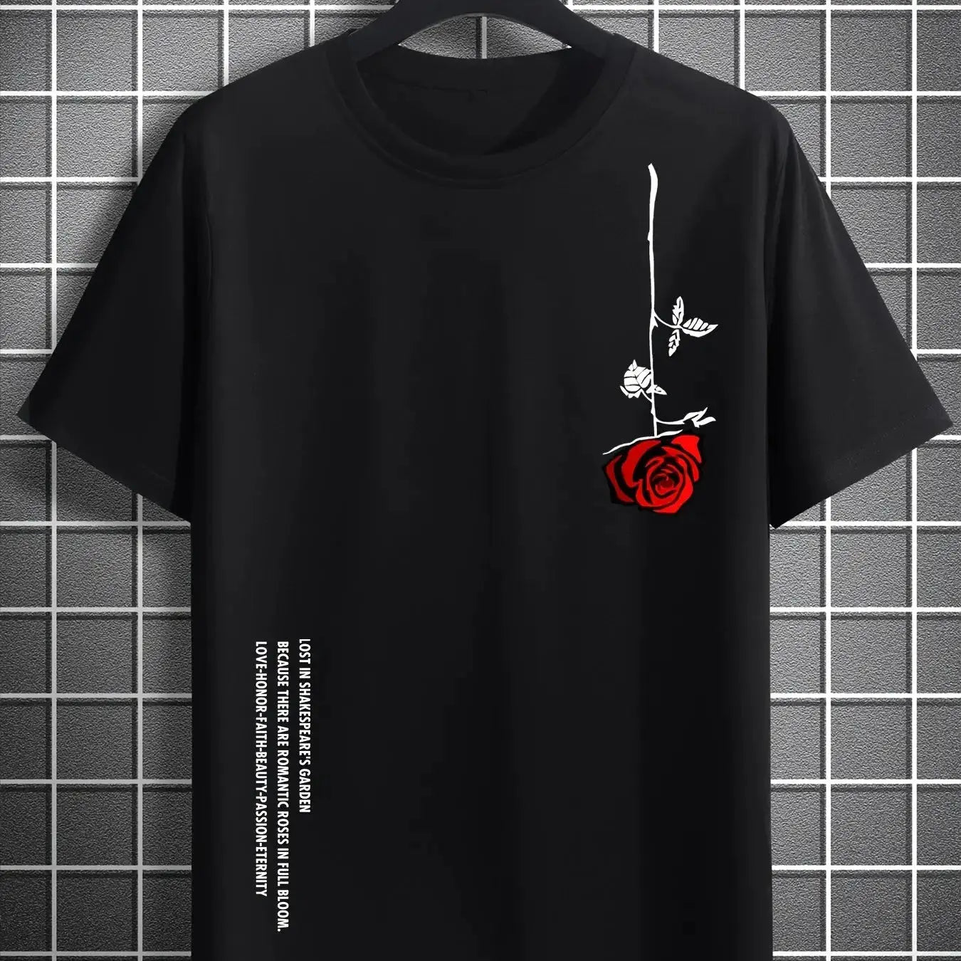 Men's 100 Percent Cotton Rose Print T Shirt Summer Casual Slim Fit Round Neck Short Sleeve Top