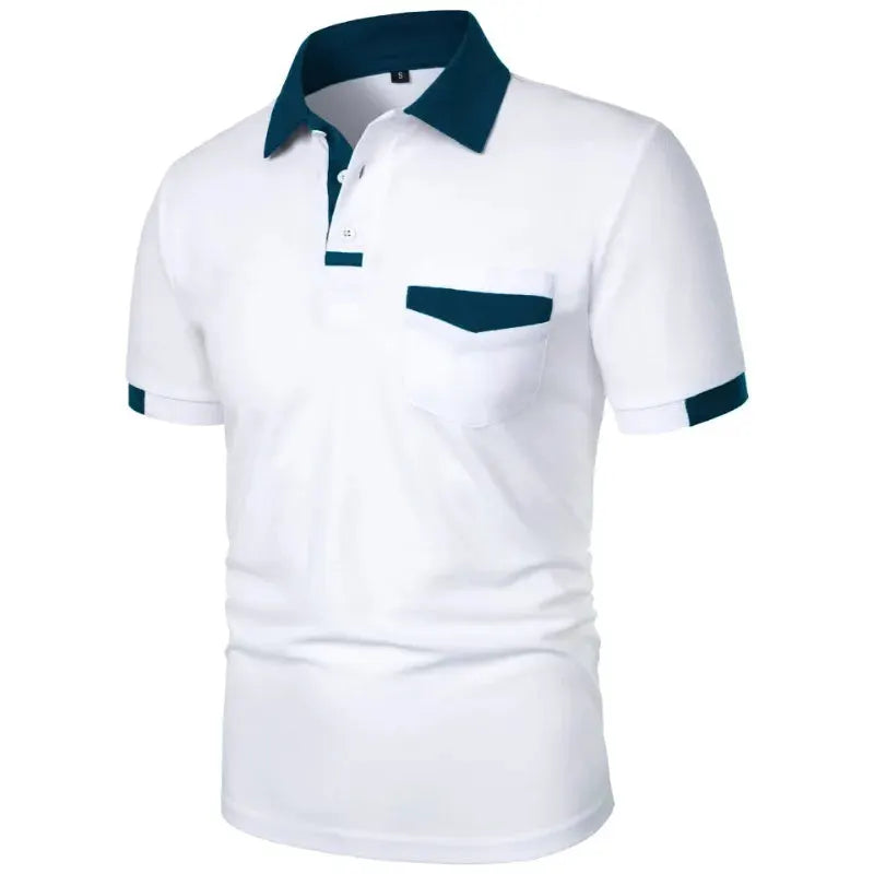 Men's white polo shirt with teal collar and pocket trim, short sleeves, breathable lightweight design