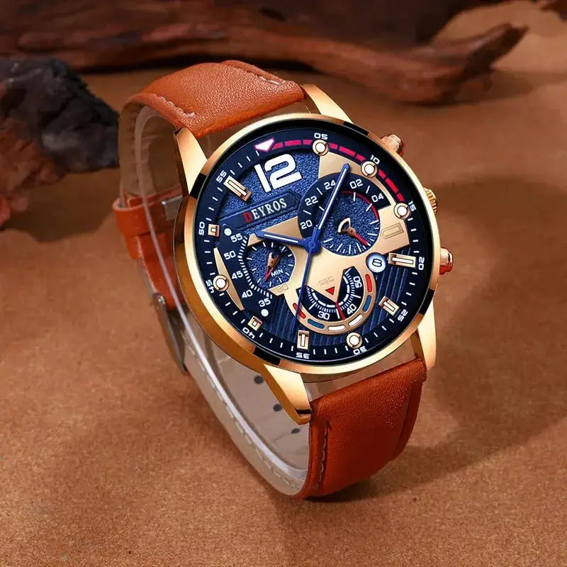 Two Piece Set Fashion Mens Calendar Watches Luxury Business Casual Brown Leather Strap Quartz Wristwatch