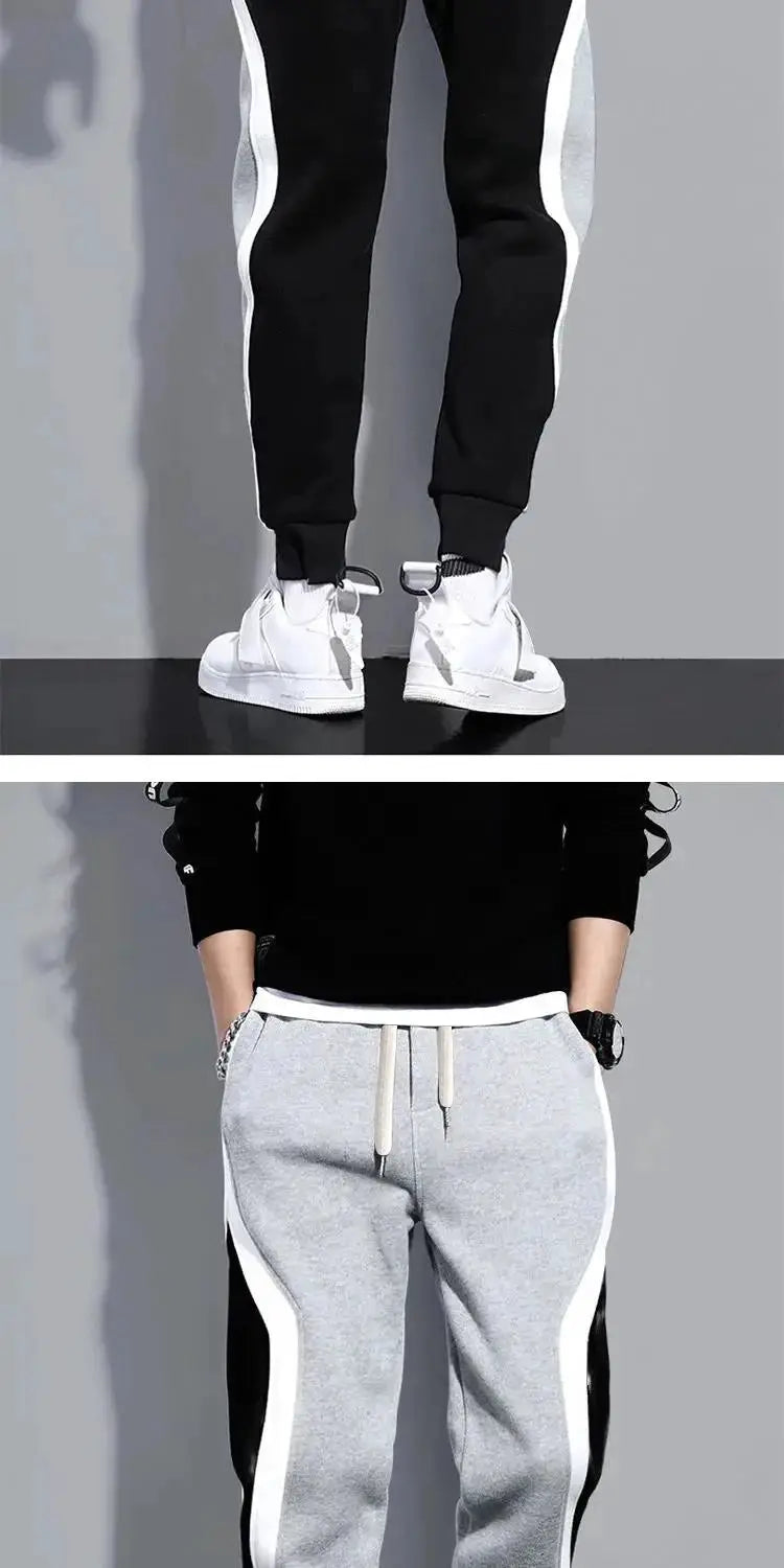 Autumn men's wide loose casual pants Simples Market with white side panels; black and grey patchwork, drawstring waist.