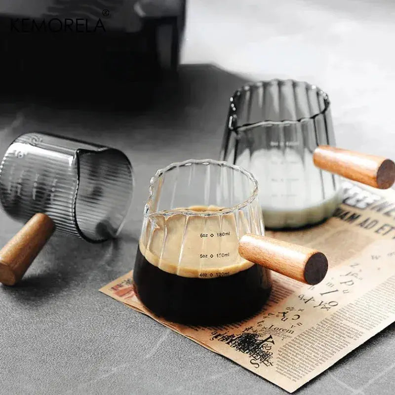 Wooden Handle Measuring Cup With Single And Double Spouts Italian Glass 90ml 120ml 180ml Coffee Milk Cup