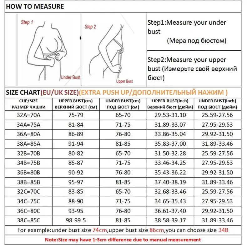 Bra size chart and measuring guide for Simples Market wire-free bras, showing under-bust and upper-bust measurements.
