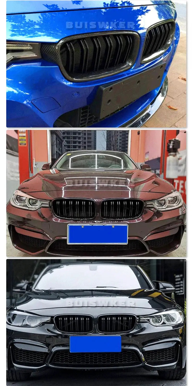 ABS dual-slat front kidney grille for BMW F30/F31/F35 2012-2018; 3-piece collage in blue, maroon and black finishes