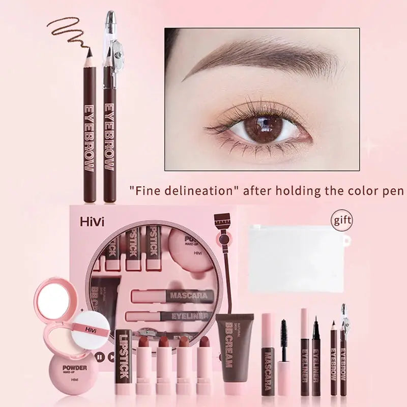 LuxeCosmetics Holiday Glow Nine Lipsticks Set With Powder BB Cream Eyebrow Pencil Mascara Eyeliner Christmas Makeup Kit