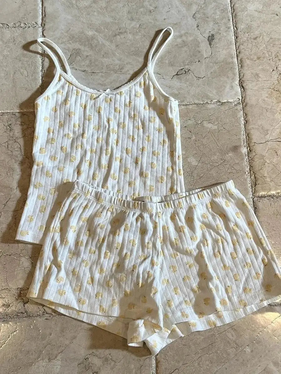 Strawberry Print Vest And Shorts Set For Women Eyelet Bow Tank Top