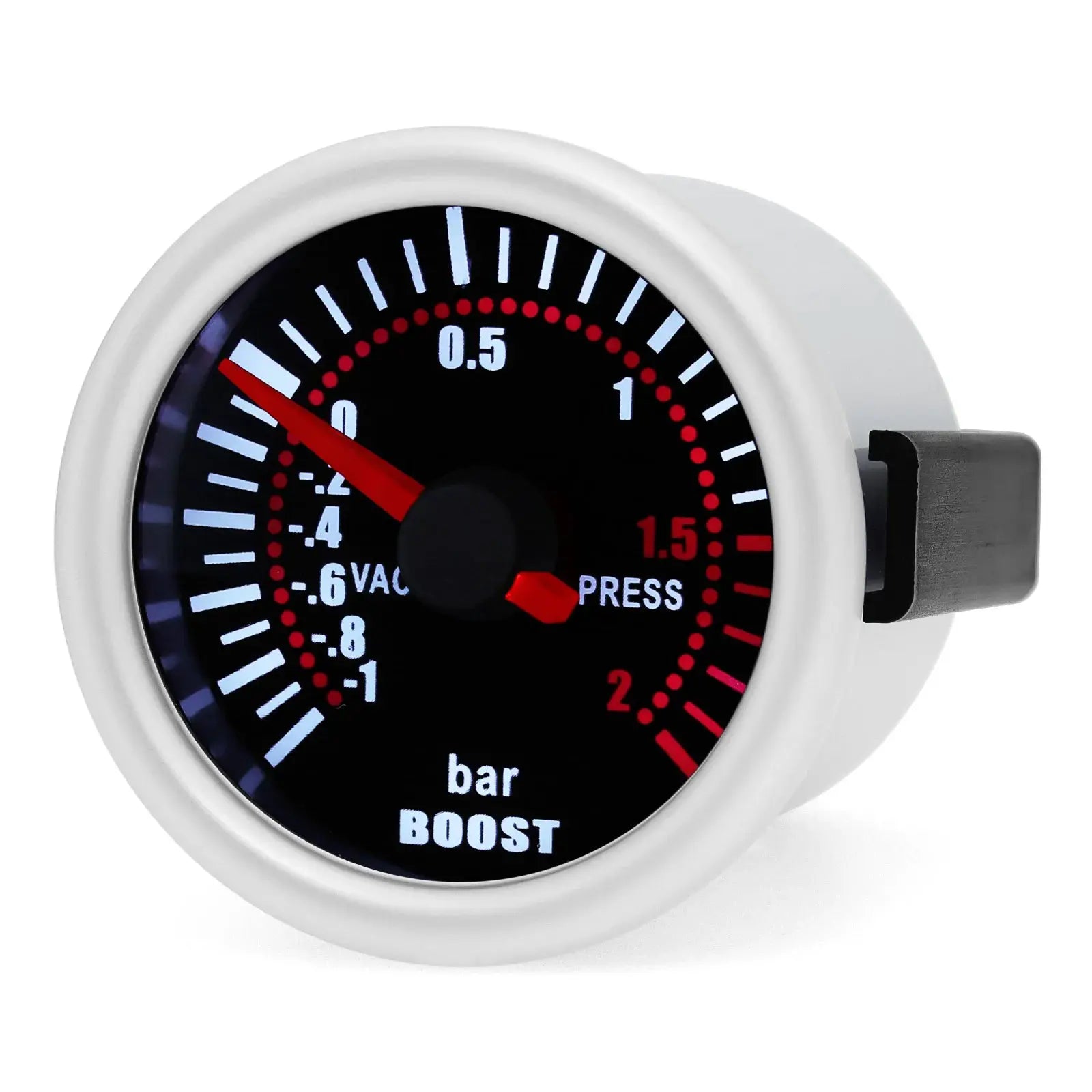 52mm white boost gauge with red needle, black dial, bar scale