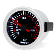 52mm white boost gauge with red needle, black dial, bar scale