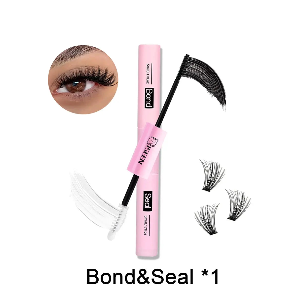 ISEEN Lash Bond & Seal 10ml lash adhesive by Simples Market, pink tube with wand; eye close-up and lash icons.
