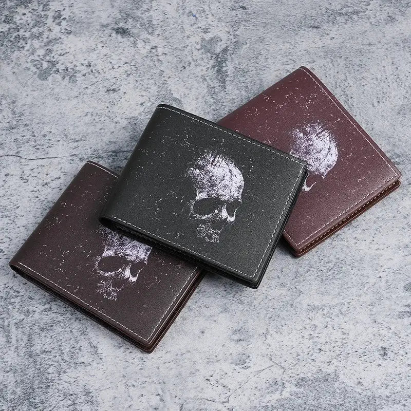 Short leather skull-printed wallets set of 3 in black and brown