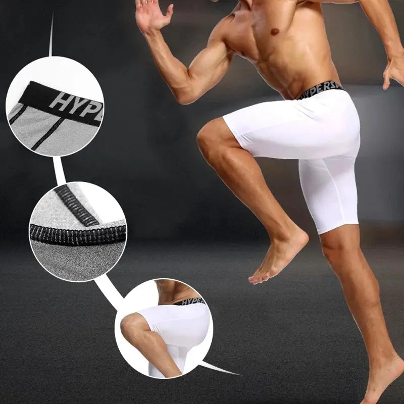 Men's white compression shorts for training; stretchy gym tights with black logo waistband