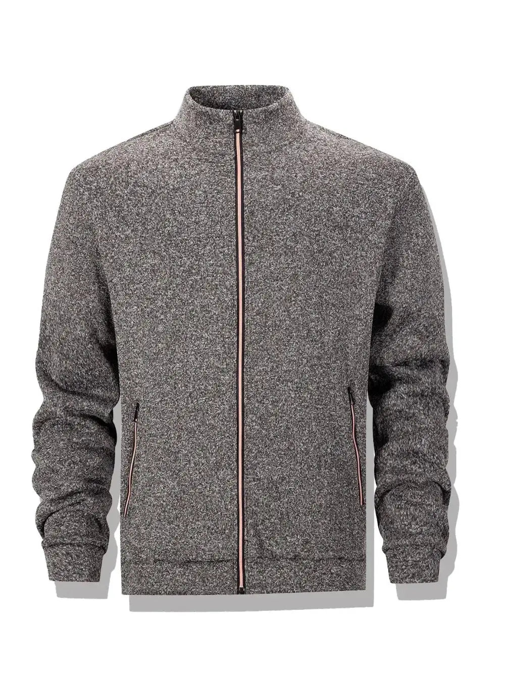 Men's casual sweatshirt jacket by Simples Market in speckled grey with stand collar, full zip and pink piping.
