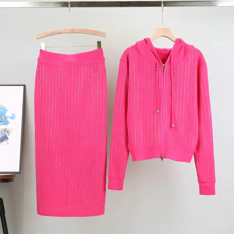 Two Piece Knit Cardigan And High Waisted Skirt Set With Diamond