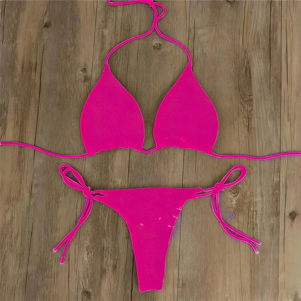 Simples Market pink triangle bikini set; halter top and side-tie thong bottom