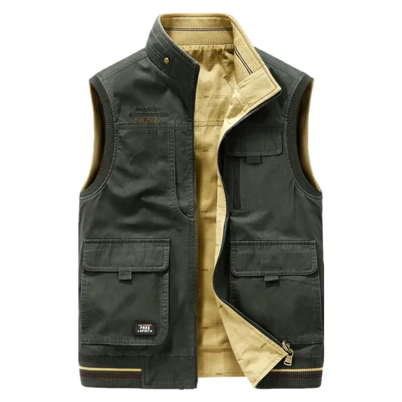 Men's cotton vest with multiple pockets, double-sided olive-green waistcoat with beige lining, Simples Market