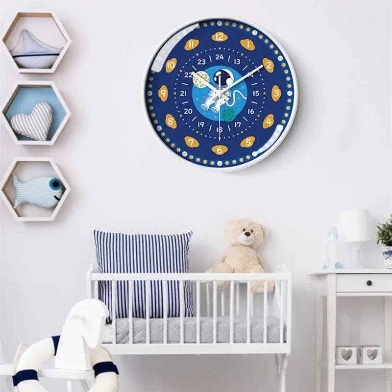 8-inch blue kids’ teaching time wall clock with orange numerals and cartoon center
