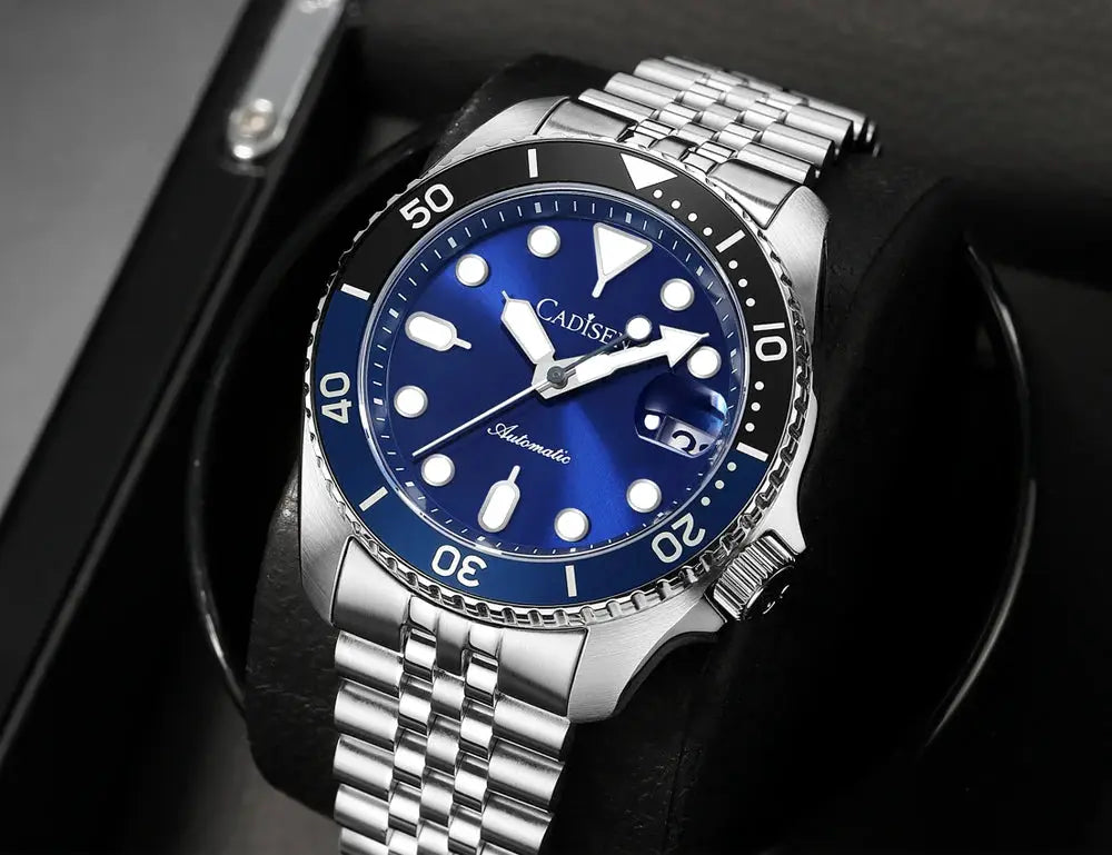 CADISEN men's luminous blue dial automatic watch with stainless steel bracelet, ceramic bezel and sapphire glass