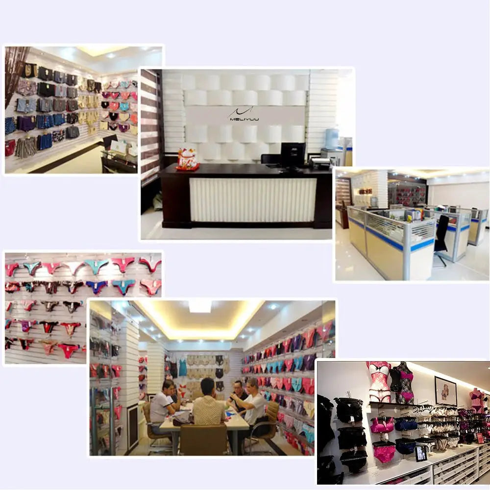 Bras showroom collage with numerous lace underwire bras displayed on walls and counters