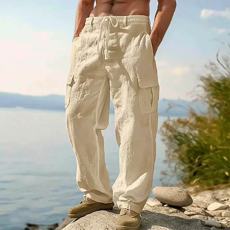 Summer men's cotton and linen pants by Simples Market in cream with cargo pockets and drawstring waist