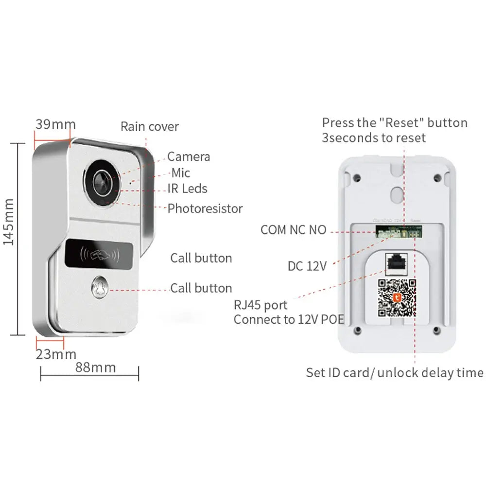 Simples Market Tuya Smart 1080P video doorbell camera; wireless WiFi doorbell with IR LEDs and RJ45/POE back panel.