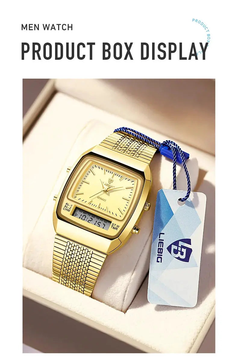 Men's gold-tone analog-digital watch with rectangular face, dual time, 3 bar water resistance, mesh bracelet