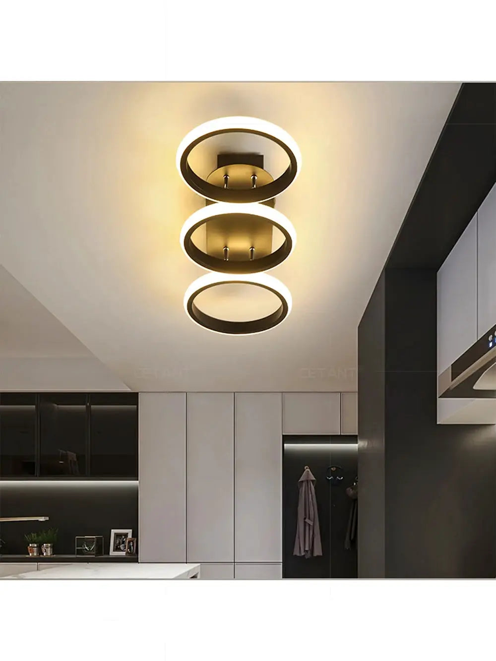 LED ceiling light with three illuminated rings, modern gold-tone fixture, Simples Market