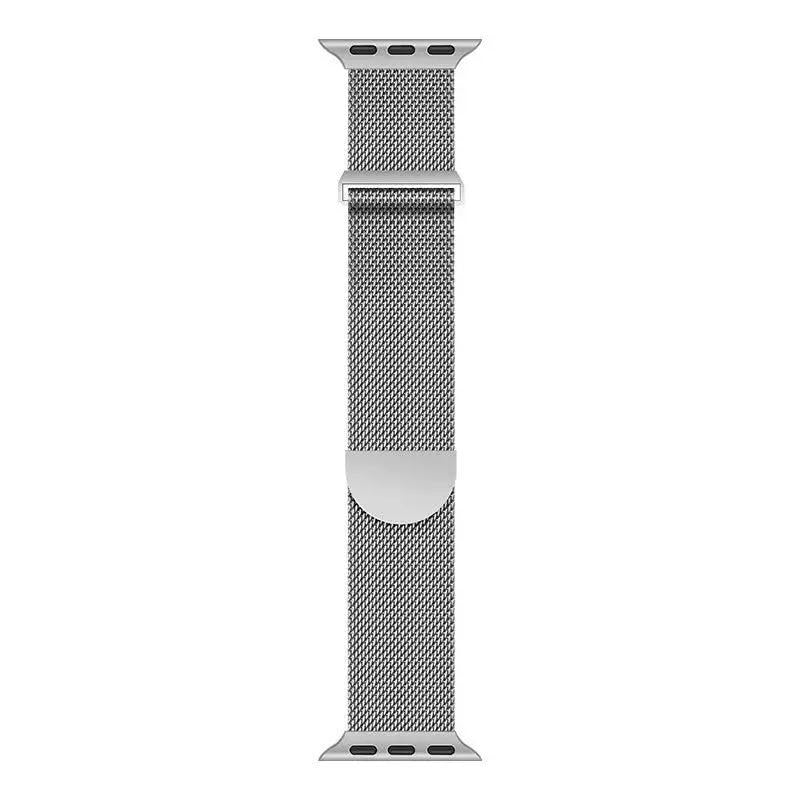 Metal Milanese mesh strap for Apple Watch, silver stainless steel with magnetic clasp.