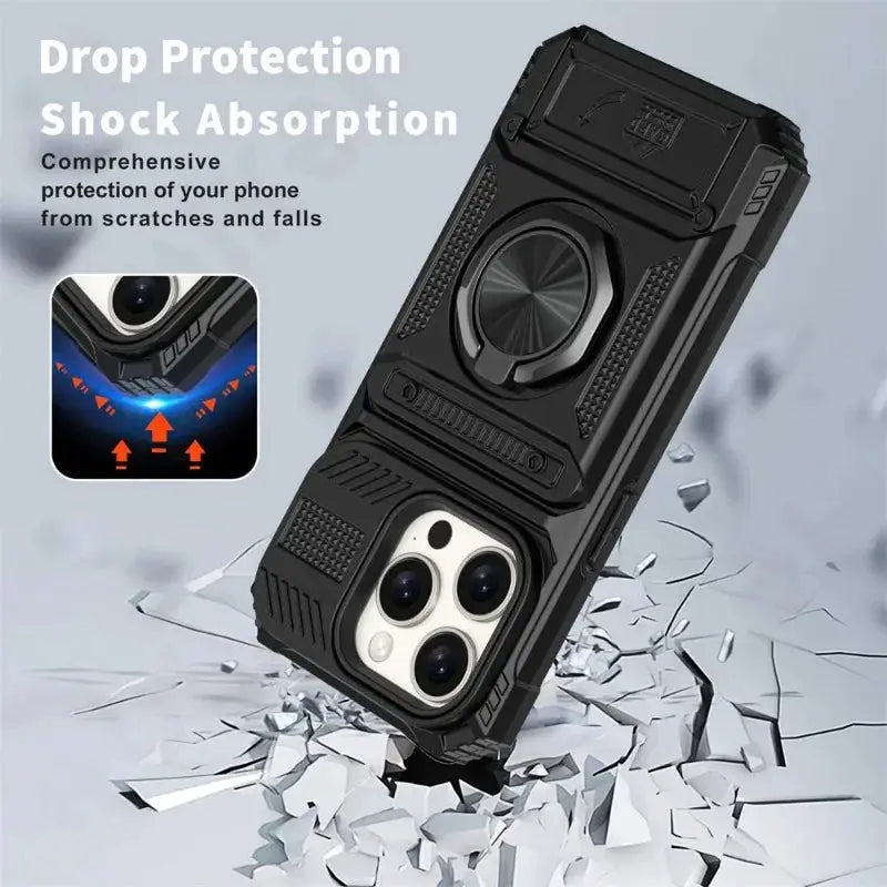 ShieldTech Pro Wallet Case For iPhone 7 To 16 Pro Max Magnetic Ring Kickstand And Card Slots Heavy Duty Drop Guard