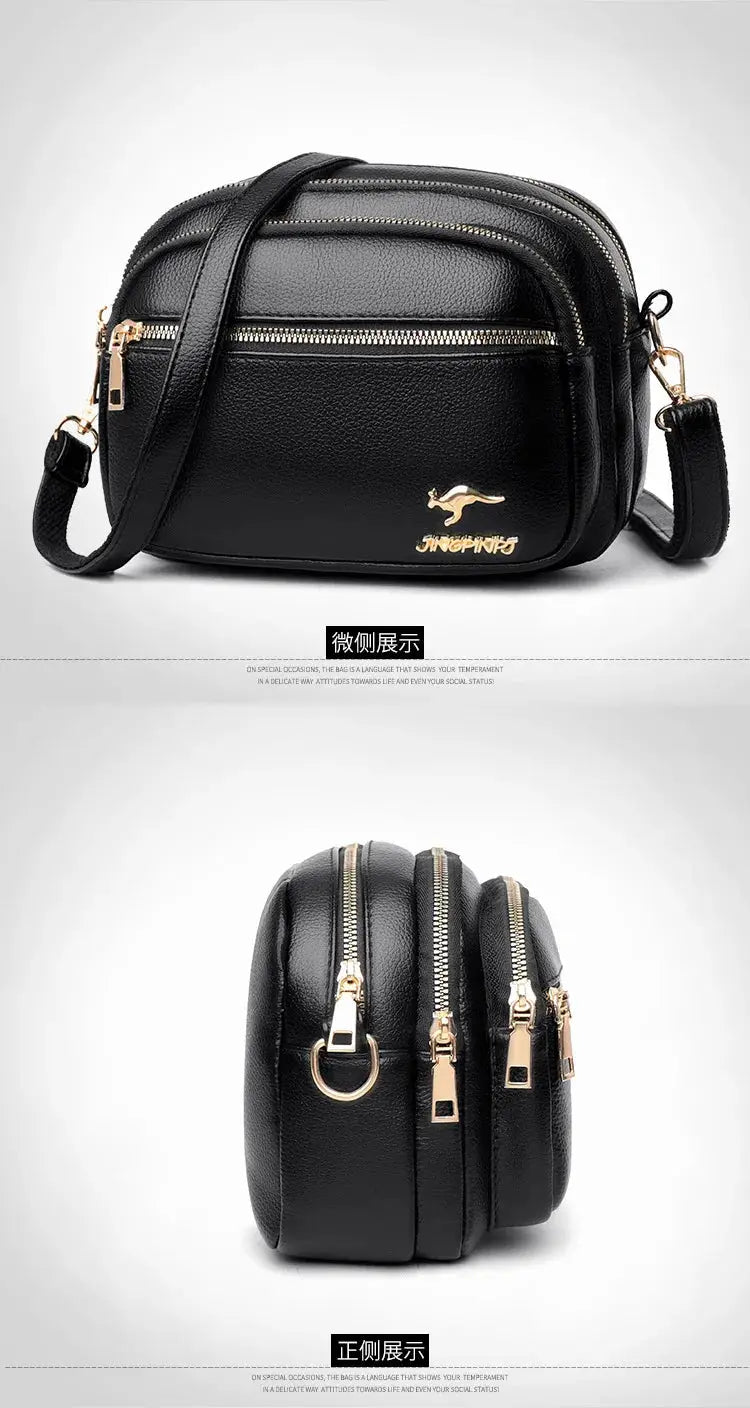 Soft black leather shoulder bag by Simples Market with gold zippers and multiple pockets.