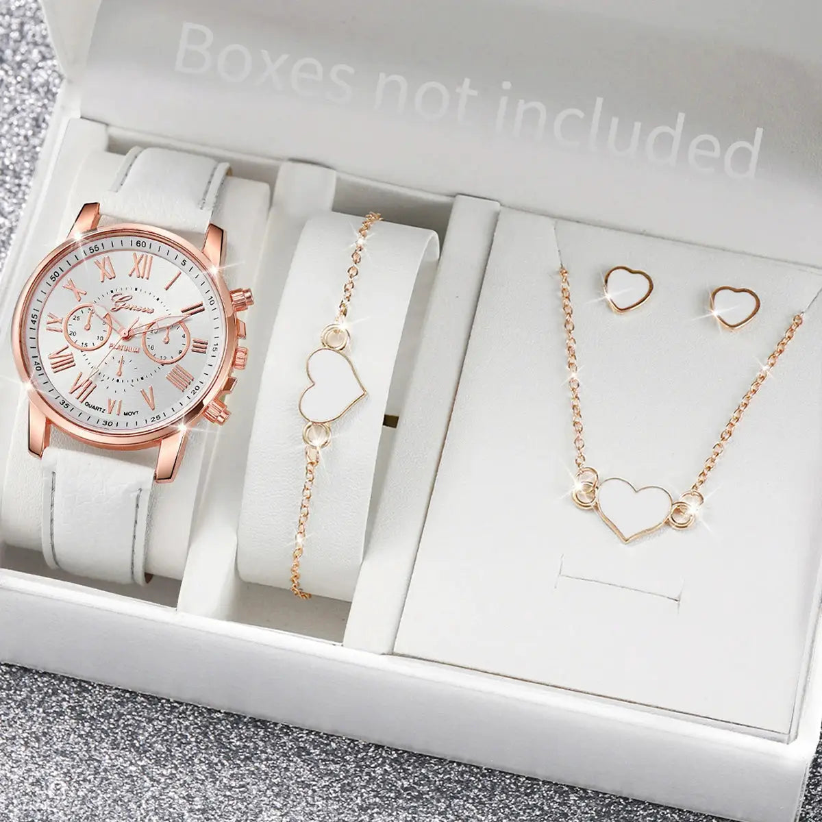 AuroraTime Womens Quartz Watch Leather Band Jewelry Set Heart Rhinestones Accent Analog Roman Numerals
