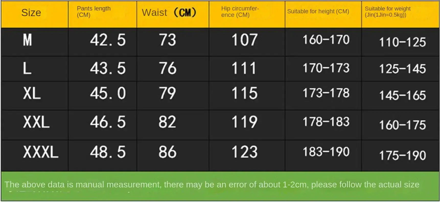 Men's motorcycle shorts size chart showing waist, hip, height and weight ranges (M–XXXL)
