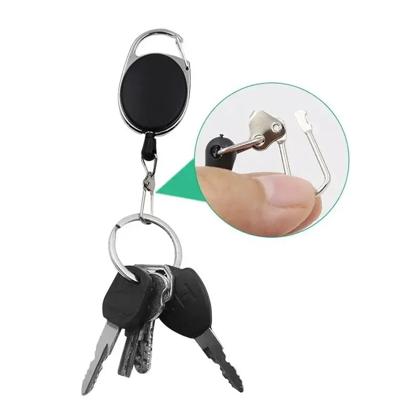 Retractable black key chain reel badge holder with quick-release clip; Simples Market; 4 keys