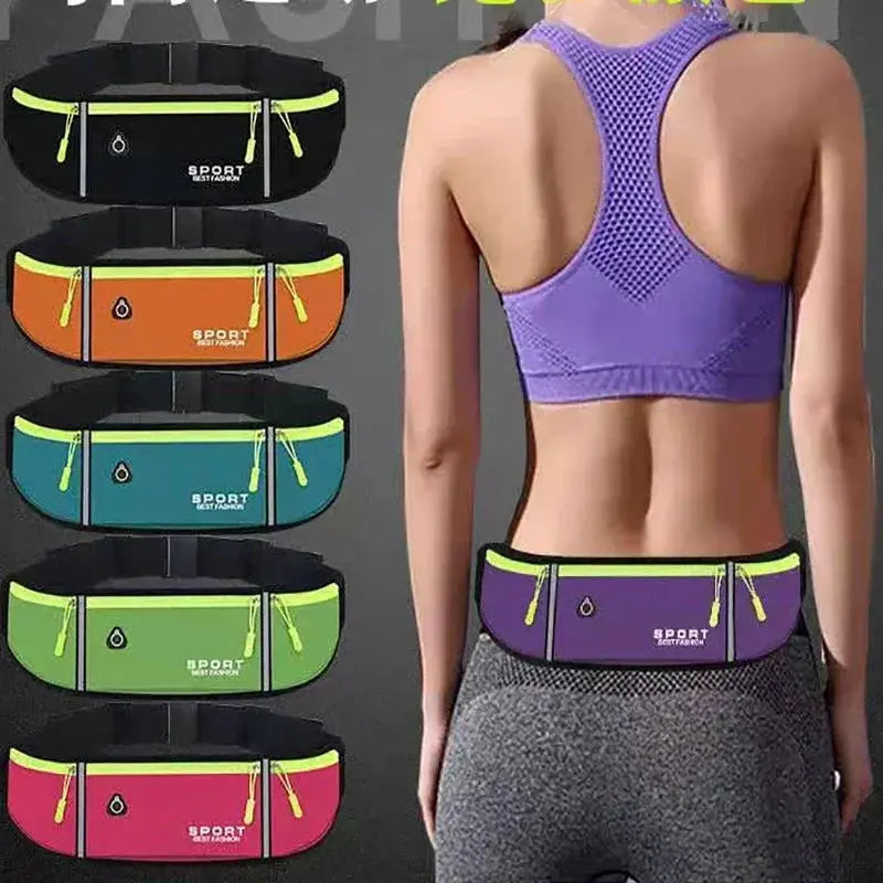 Outdoor running waist bag by Simples Market with three waterproof pockets; six color options; model wearing purple.
