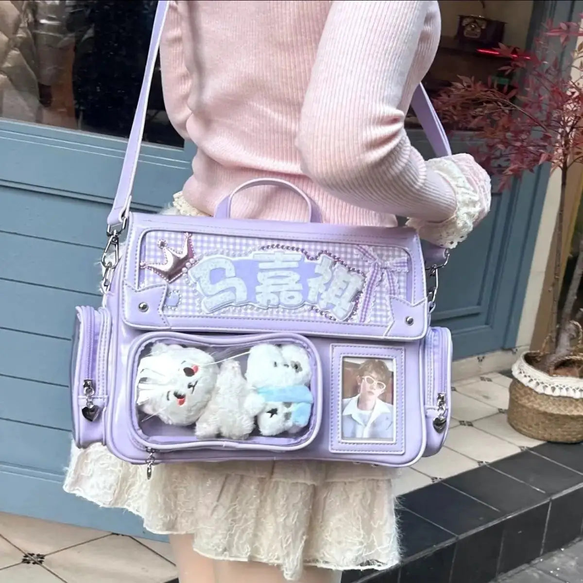 Simples Market lavender Y2K Ita bag backpack with a clear plush window and photo frame crossbody strap