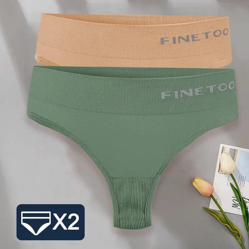 FINETOO 2-piece women's G-string thong underwear set in green and peach with ribbed waistband and high-waist design