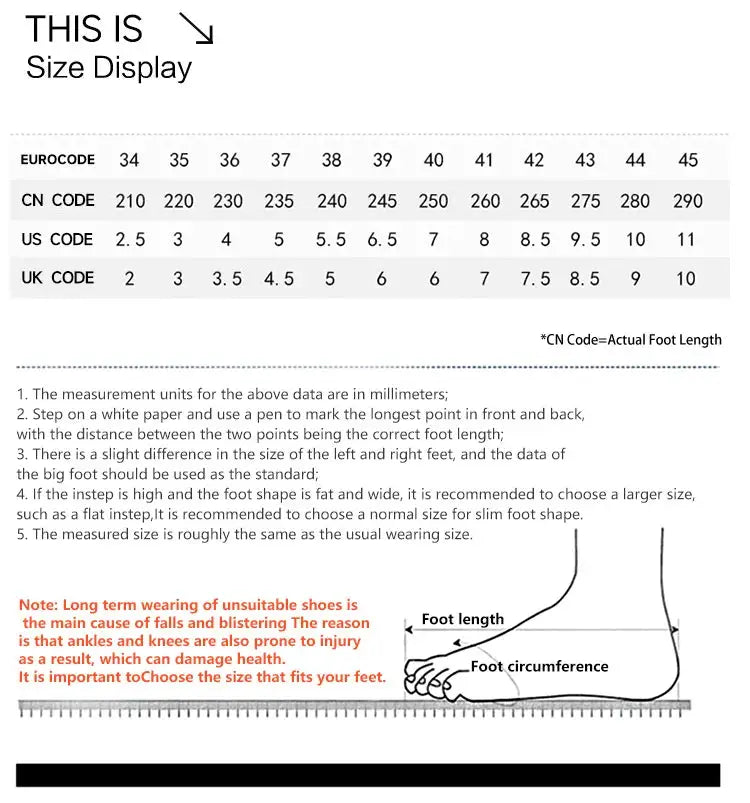 Simples Market IRUNSVAN running shoes size chart with European, CN, US, UK codes and foot length diagram.