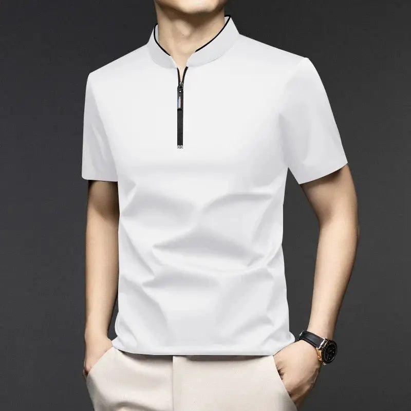 Simples Market men's white short-sleeved zip polo with stand-up collar