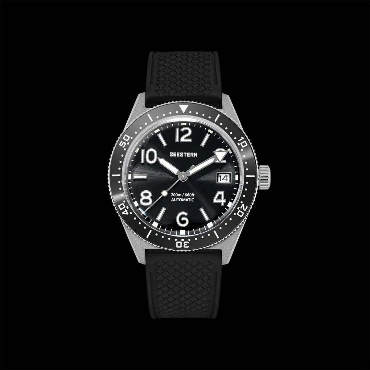 SEESTERN Diver men's automatic watch, NH35A movement, 200m water resistant, black dial, steel case, rubber strap