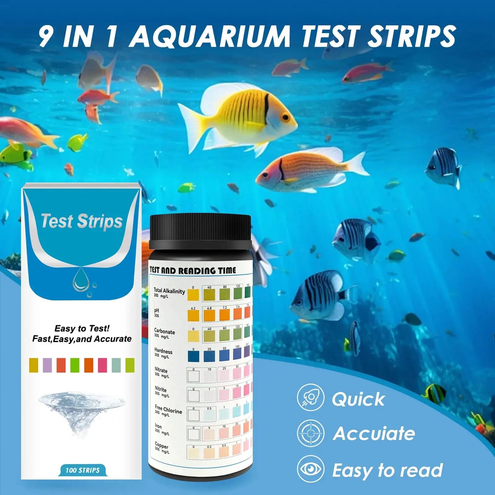 100 Pcs 9 In 1 Aquarium Test Kit With Water Quality Monitor And Ph Test Strips For Freshwater Saltwater Tanks