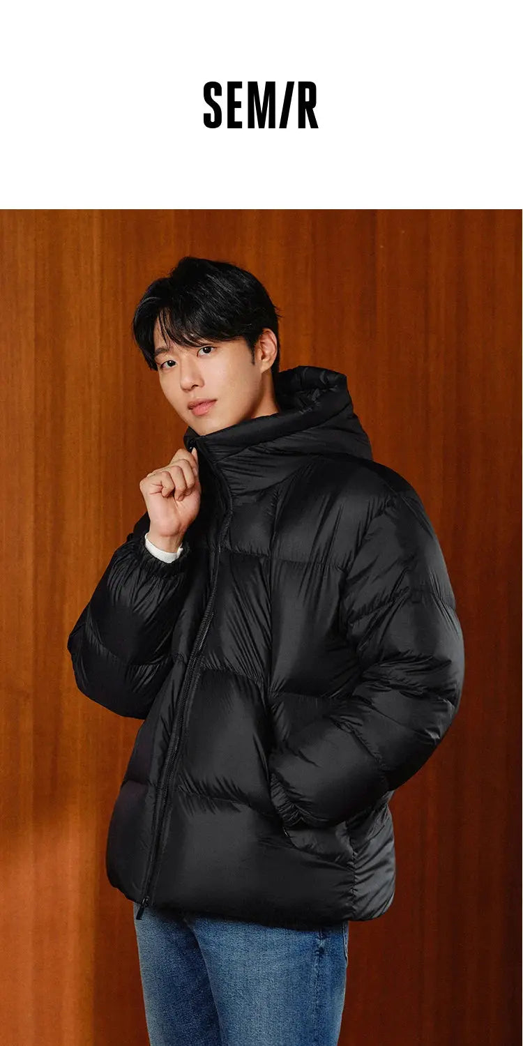 Sem/R men's black puffer hooded down jacket; warm, solid color, Simples Market